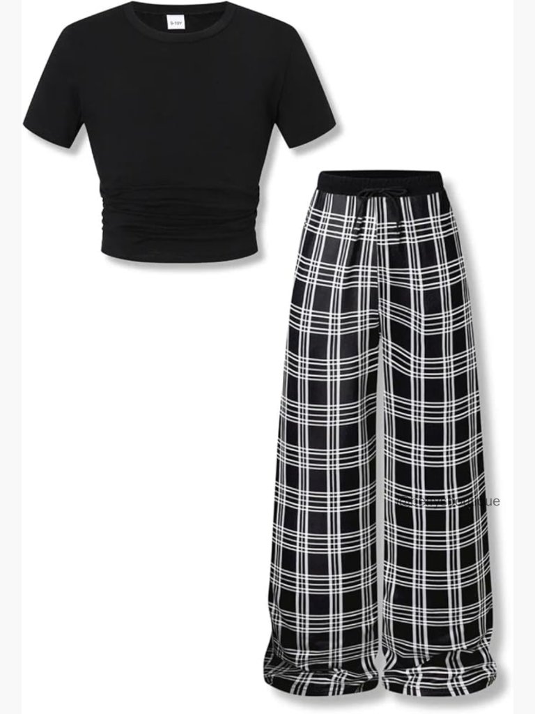 Girls 2 Piece Plaid Wide Leg Pants Set Short Sleeve Top Summer Outfit